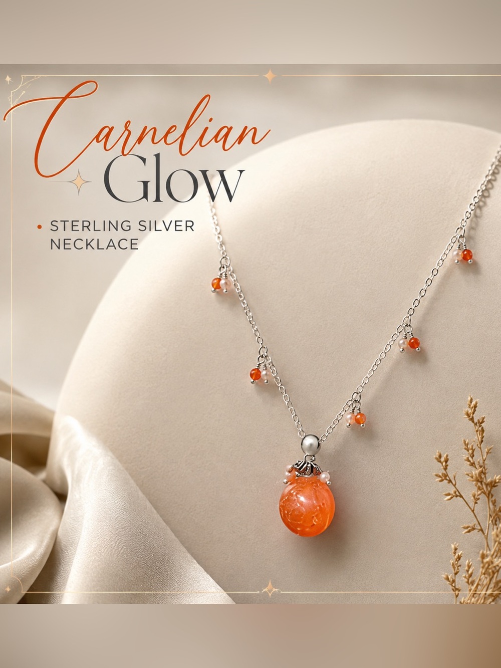 Stunning Vintage Dainty Sterling Carnelian Drop Necklace